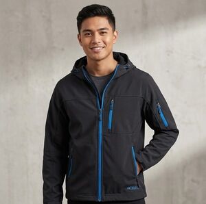 Double Diamond Men’s M Black Softshell Hooded Jacket Faux Fur Lined Blue Zip